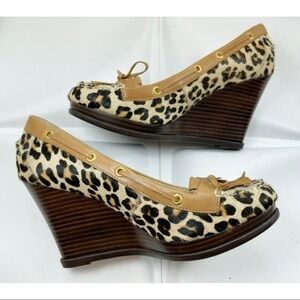 Sperry Sz 7.5 M Leopard Calf Hair Brown Leather Wedge Loafer Boat Shoe Kiltie